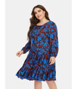 Floral Pattern Loose Long Sleeve Round Neck Plus Size Dress 210722623