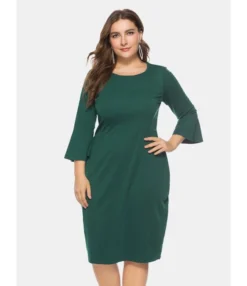 Large Size Crew Neck Flare Sleeve Slim Dress 210722824