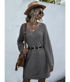 Loose Pure Color V-neck Crochet Knit Sweater Dress Without Belt 210730100