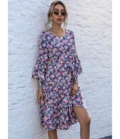 Flare Sleeve Floral Print Chiffon Lace-up Dress 210730160