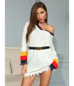 Colorblock V-neck Fringe Trim Loose Sweater Dress 210730738