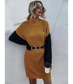 Mock Neck Colorblock Stitching Sweater Dress Without Belt 210730867