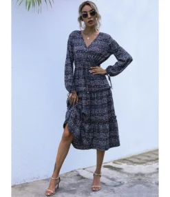 Surplice Collar Fall Floral Strappy Midi Dress 210803101