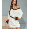 V Neckline Colorblock Stitching Fringe Jersey Sweater Blouse Dress Without Belt 210803199