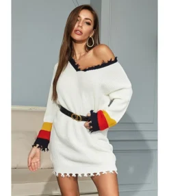 V Neckline Colorblock Stitching Fringe Jersey Sweater Blouse Dress Without Belt 210803199