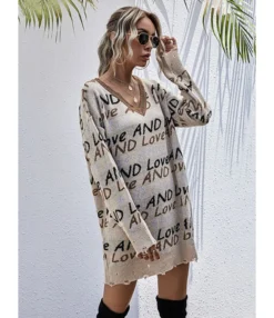 Loose Fall Sweater Short Dress Frayed Cut-off Letters Printed 210803753