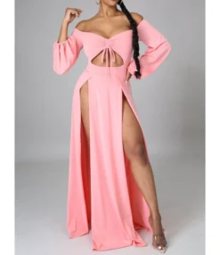 Sexy Off Shoulder Chest Wrap Hollow Thigh Split Maxi-dress 210810108