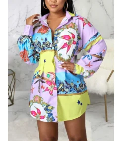 Multicolor Floral Pattern Long Sleeve Shirt Dress 210810256