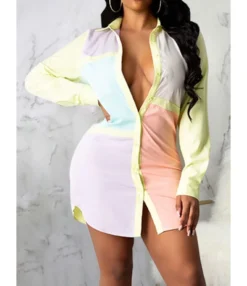 Long Sleeve Color-block Tight Waist Shirt Dress 210810400