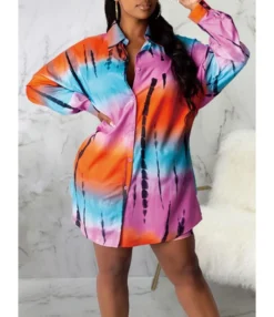 Shirt Short Dress Colorblock Single Button 210810893