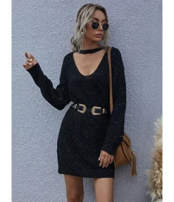 Low Cut Loose Sweater Short Dress 210812797