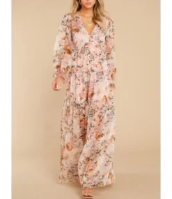 Swing Long Dress Floral V-neck Single Button Cheap Womens Dresses Wholesale 210820673