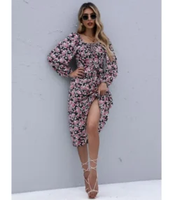 Square Neck Floral Printed High Waist Dress Wholesale Clothing 210820853
