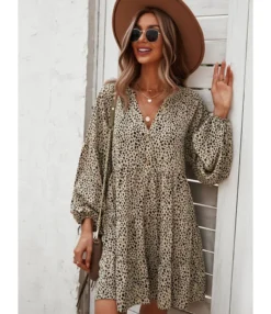Leopard Printing Button Lantern Sleeve Short Dress 210824501