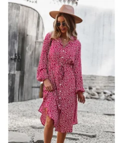 Turn-Down Collar Button Down Drawstring Midi Dress 210824956