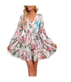 Fashion Floral Sexy V-Neck Lace-Up Dress Long Sleeve Vacation Wholesale Dresses SDN560136