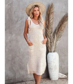 Tie Shoulder V-neck Open Back Pocket Detail Split Dress