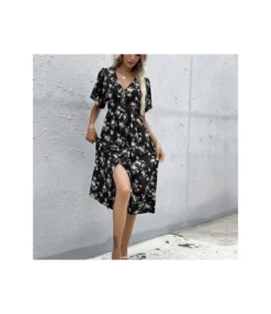 Wholesale Button Flare Short Sleeve Floral Shirt Dress SD180970