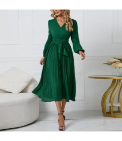 Long Sleeve Slim Fit V-Neck A-Line Swing Pleated Dress Wholesale Dresses SDN536872
