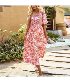 One-Shoulder Puff Sleeve Printed Bohemian Dress Wholesale Dresses N4623041200040