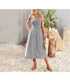 Striped Wrap Chest Single-Breasted Vacation Suspender Dress Wholesale Dresses N5323022200254