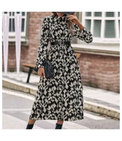 Long-Sleeve Half-High Collar Printed Waist A-Line Dress Wholesale Dresses SDN538601