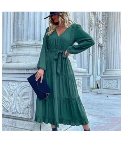 Long Sleeve Tie-Up V-Neck Pleated Smocked Swing Dress Wholesale Dresses SDN538074