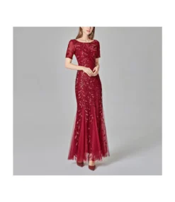 Women Slim Fit Mesh Sleeve Sequin Fishtail Evening Maxi Dress Wholesale Prom Dresses SDN535536