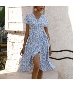 Daisy Print V Neck Short Sleeve Lace-Up Slit Flowy Dress Casual Wholesale Dresses SDN532792