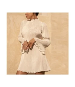 Round Neck Personalized Pleated Loose Long-Sleeved Mini Dress Wholesale Dresses SDV464075