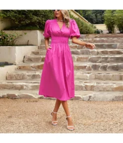 Temperament Short-Sleeved V-Neck Waist-Skimming Solid Color Long Dress Wholesale Dresses V5923041200030