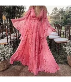 Sling Deep V-Neck Printed Sexy Flared Sleeve Swing Dress Wholesale Maxi Dresses SDN536981