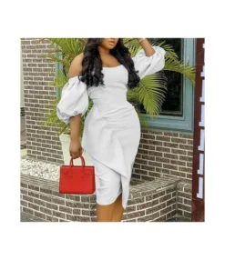 Lantern Sleeve High Waist Slimming Irregular Ruched Ruffled Tube Top Dress Wholesale Dresses N5323032000047