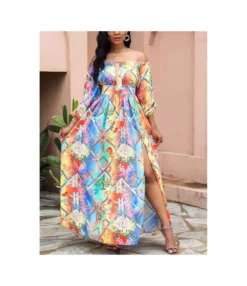 Vintage Sexy Off-Shoulder Print Slit Maxi Dress V Neck Wrap Long Sleeve Wholesale Dresses SD204708