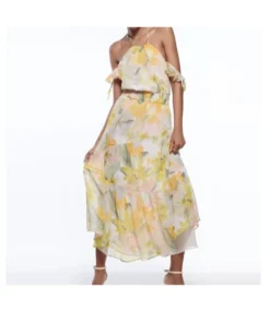 Floral Print Elastic Waist Off Shoulder Chiffon Ruffled Sleeve Flowy Resort Dress Wholesale Dresses SDN533227