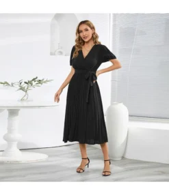 Temperament V-Neck Puff Sleeves Pleated Slim Solid Color Commuter Midi Dress Wholesale Dresses SDV464027