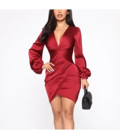 Satin Sexy Deep V Asymmetric Mini Dress Long Sleeve Solid Color Bodycon Wholesale Dresses SDN562361