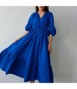 Klein Blue V Neck Puff Sleeve A-Line Dress High Waist Solid Color Midi Wholesale Dresses SDN560941