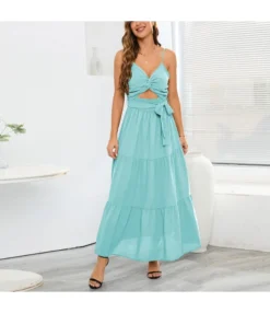 Solid Color Lace-Up Bowknot Hollow Sexy Suspender Smocked Swing Dress Wholesale Maxi Dresses N5323030300059