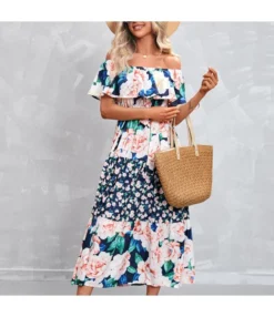 Floral Print Off Shoulder Ruffled Lapel Tie-Up Waist Swing Resort Dress Wholesale Dresses SDN533394