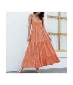 Summer Solid Color Linen Sling Lace-Up Wide Swing Smocked Dress Vacation Wholesale Maxi Dresses SD55562
