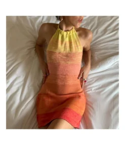 Gradient Sunset Print Halterneck Open Back Sling Pack Hip Knit Bodycon Dress Sexy Wholesale Jersey Dresses SDN532878