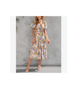 Floral Printed Short-Sleeve V-Neck Lace-Up Waist Midi Smocked Dress Casual Wholesale Dresses SDN532746