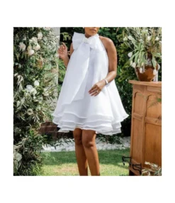 Sweet Women's Solid Color Ruffled Bow Halter Dress Wholesale Womens Clothing N3823110200077