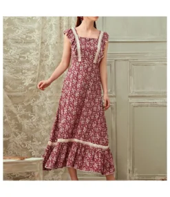 Printed Square Neck Sleeveless Casual Pastoral Style Ruffled Dress Wholesale Dresses SDN533577