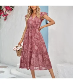 Casual V-Neck Ruffled Sleeve Mid-Length Floral Smocked Dress Wholesale Dresses SDN537942
