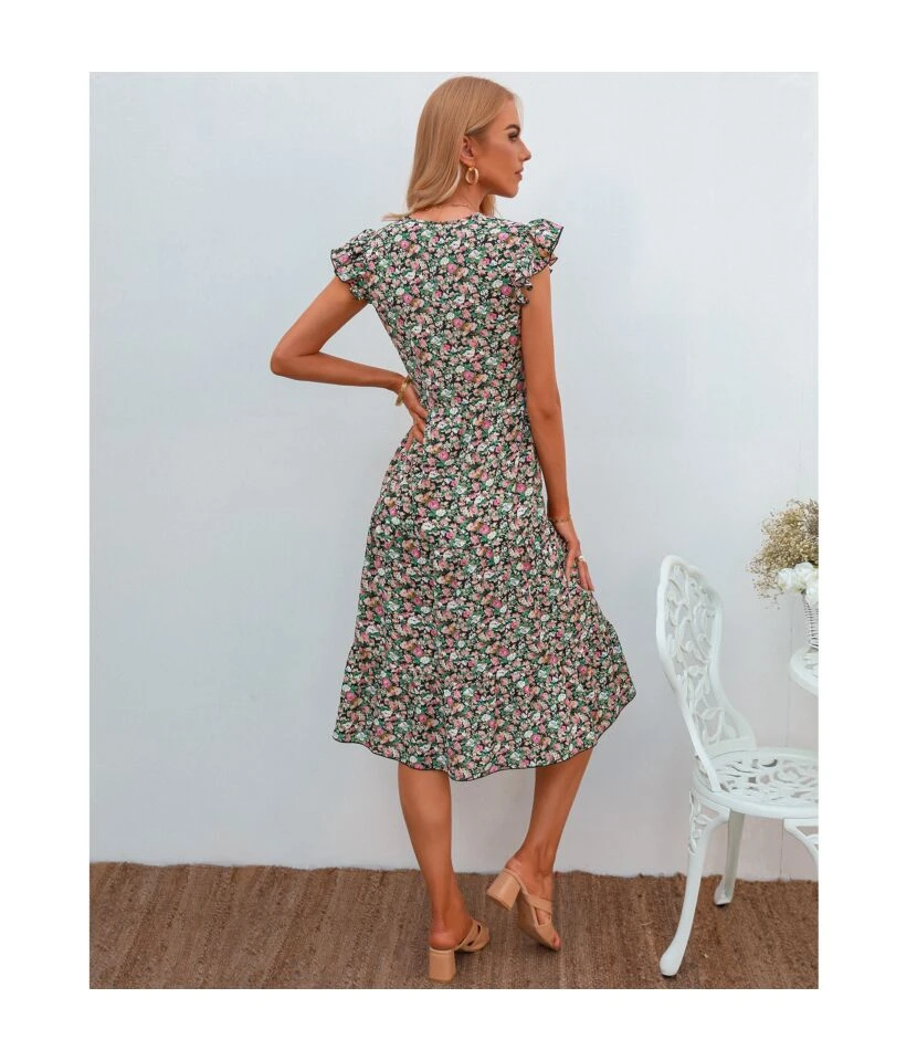 Floral Print V-Neck Frill Sleeve Midi Swing Dress Casual Summer Wholesale Dresses SD204674 - Image 7