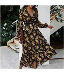 Sexy V-Neck Retro Floral Swing Dress Long Sleeve Loose Midi Wholesale Dresses SDN560596
