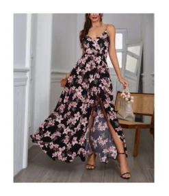 Sexy Suspender V Neck Floral Dress Backless High Slit Maxi Wholesale Dresses SDN560450
