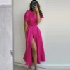 Fashion Crew Neck Puff Sleeve A-Line Midi Dress Single-Breasted Slit Solid Color Wholesale Dresses SD58855